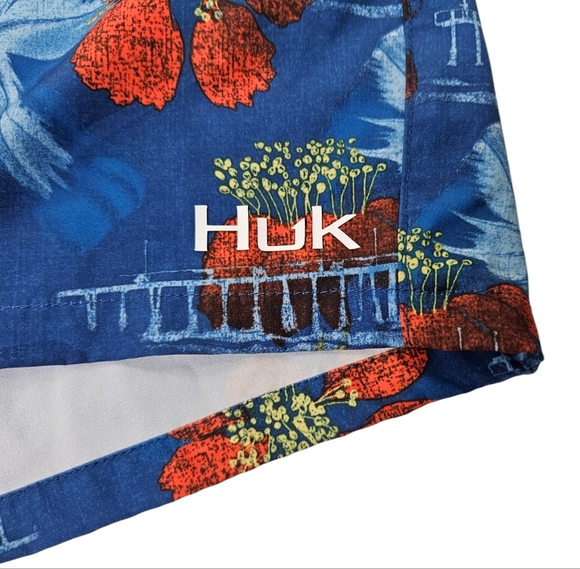 Huk Floral Tropical Hawaiian Swim Trunks Mesh Lined Blue Men's Size Large EUC - Picture 3 of 13